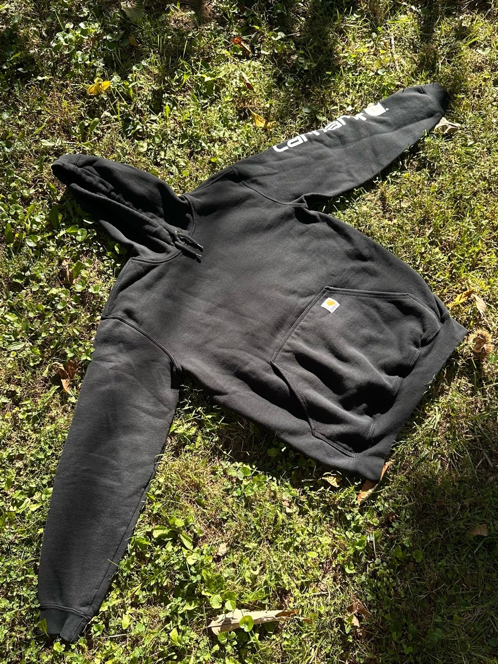 Y2K Carhartt Black Men's Hooded Sweatshirt with Sleeve Logo Cotton Blend